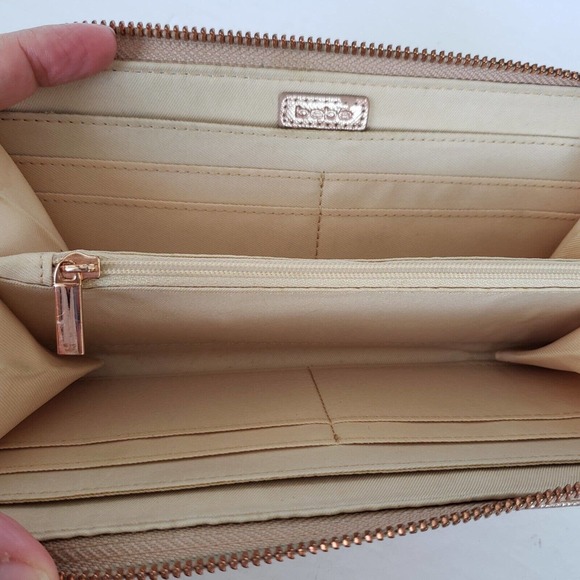 BEBE Rose Gold Signature Zip Around Clutch Wallet Continental Large Long Metalic - Picture 7 of 9